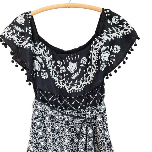 Anthropologie Marisol Size 6 Boho Black & White Embroidered Off-Shoulder Dress - Picture 5 of 11